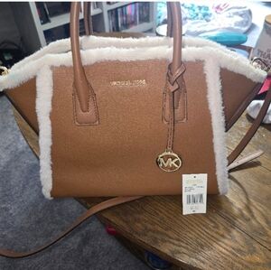 NEW NWT Michael Kors Avril Fur LG TZ Satchel Leather Zip Satchel Bag
